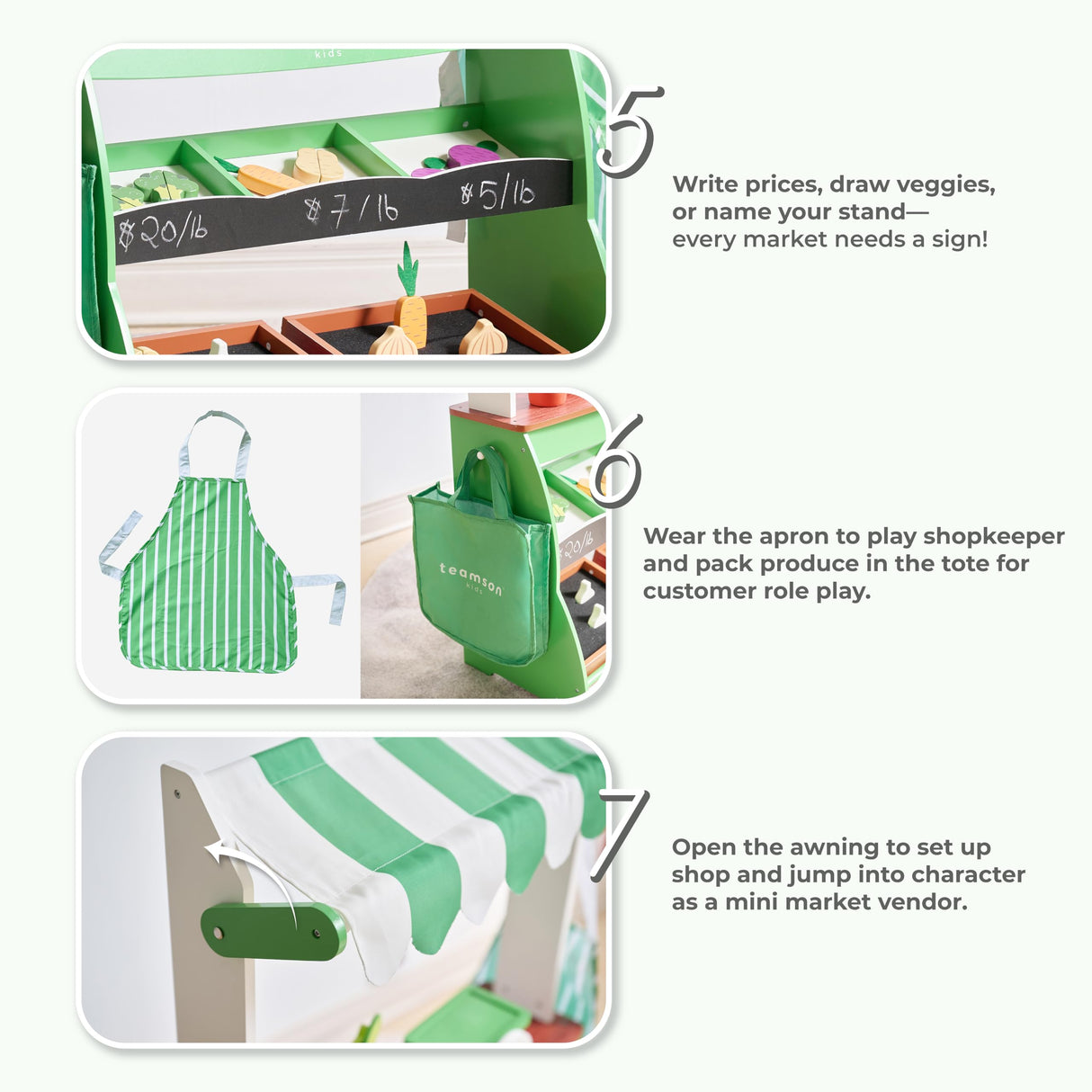 Teamson Kids Puesto de Mercado Vermont de Madera con Verduras, Pizarra, balanza, Cajas de jardín y Accesorios de Compra para niños