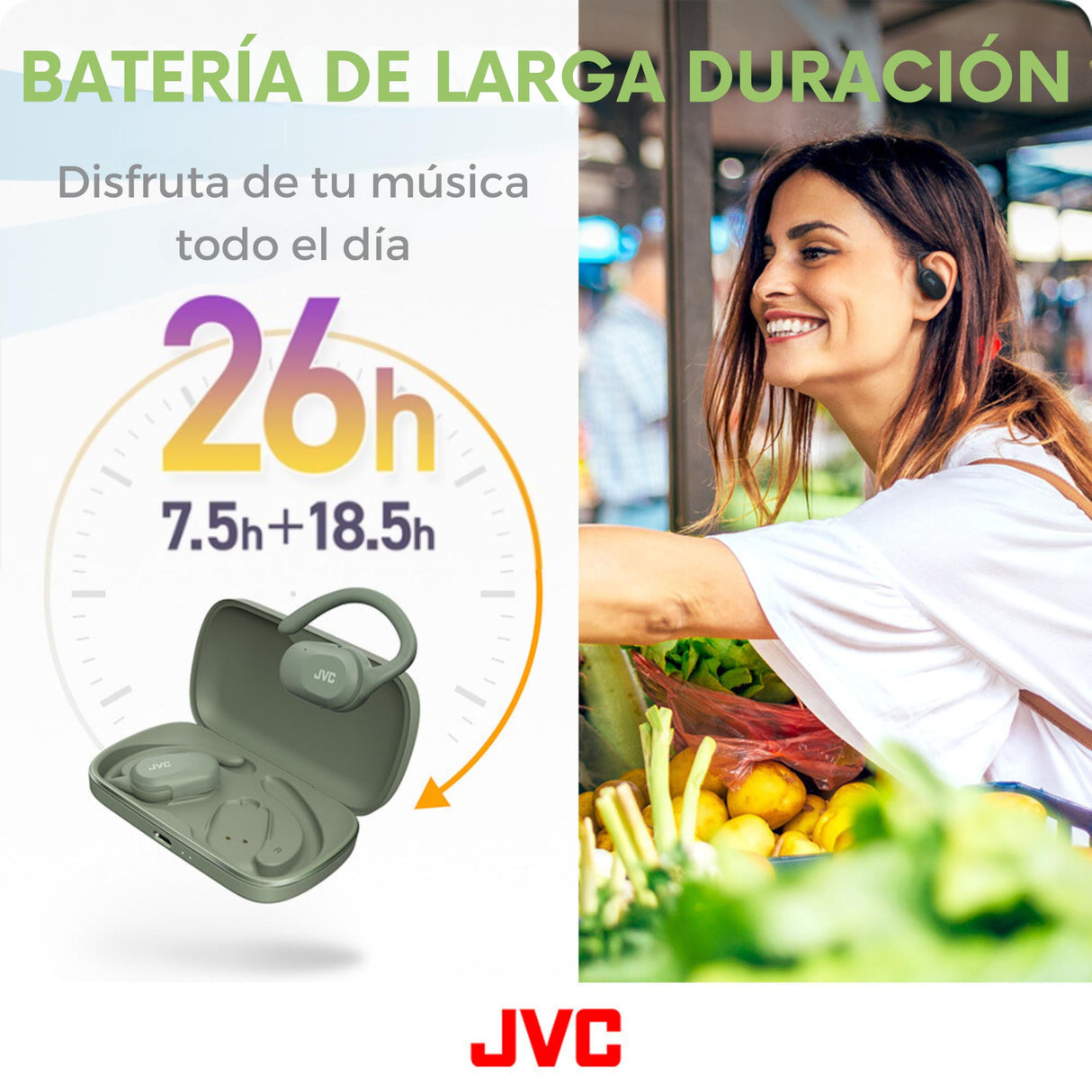 JVC Auriculares Inalámbricos Bluetooth | 26h de Batería y Carga Rápida | Oido Abierto | Ligeros y Resistentes a Salpicaduras | Ideales para el Deporte y Control Táctil - HA-NP40T (Verde)