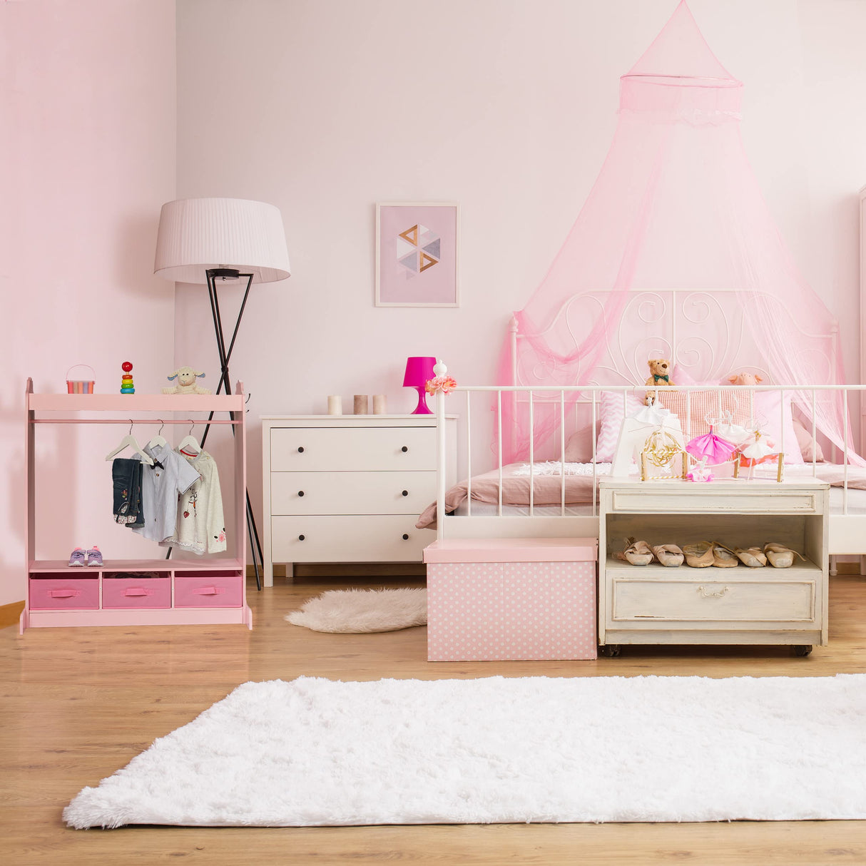 Relaxdays Perchero Infantil, 5 Compartimentos, Colgador de Ropa Niñas, con Gancho y Espejo, 107 x 97,5 x 61 cm, Rosa, Tablero de Fibras