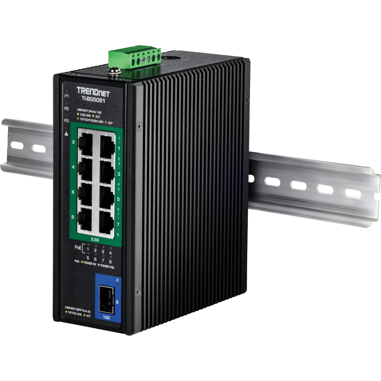 TRENDnet, TI-BG5091, Switch PoE++ DIN-Rail Industrial de 9 Puertos 2.5G con Puerto SFP+ 10G, multigigabit, 8 Puertos PoE++ 2.5G, 1 Puerto SFP+ 10G, presupuesto de Potencia PoE de 480 W, 60 Gbps