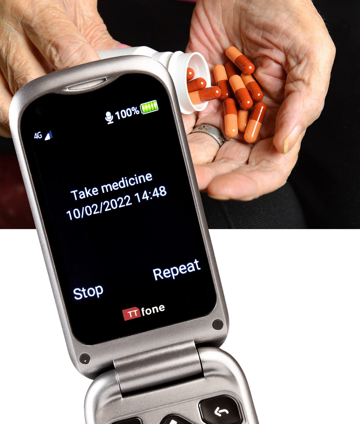 TTfone TT970 Whatsapp 4G Pantalla Táctil Teléfono de tapita y Botones Grandes – con Cámara de 8MP y Botón de Asistencia de Emergencia, Compatible con Audífonos y – Fácil y Simple de Usar (Solo)