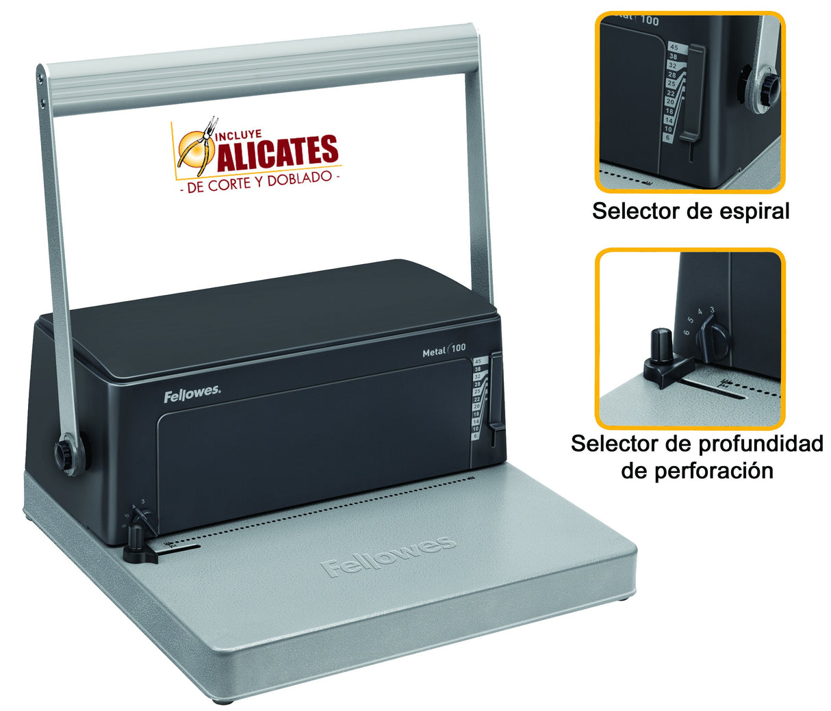 Fellowes Metal 100 - Encuadernadora manual de espiral metálico, con palanca ergonómica en forma de U, Sin rodillo insertador