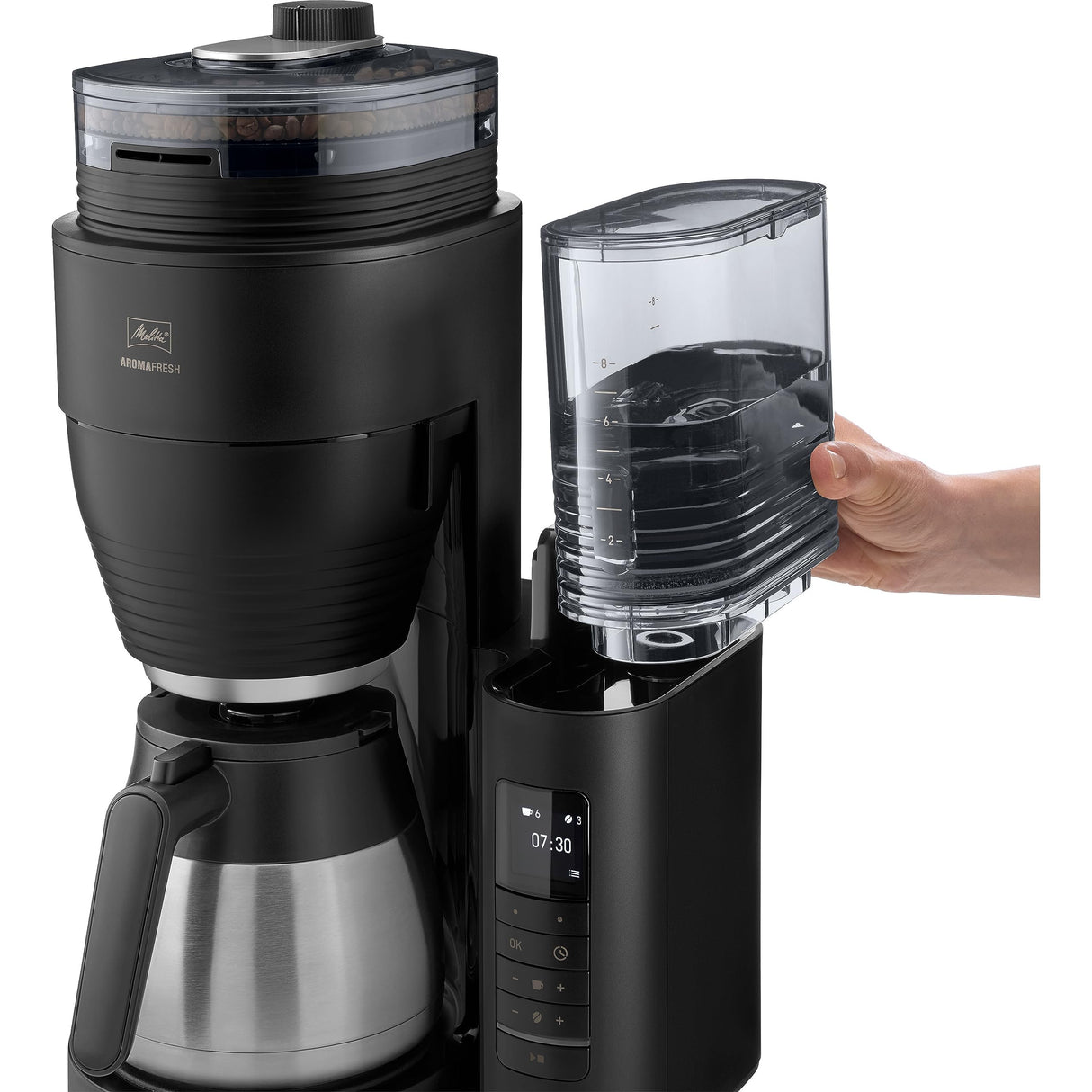 Melitta AromaFresh Pro X Therm - Cafetera de goteo con molinillo integrado, cafetera de filtro con jarra térmica y depósito de agua extraíble, máquina de café para hasta 8 tazas, negro