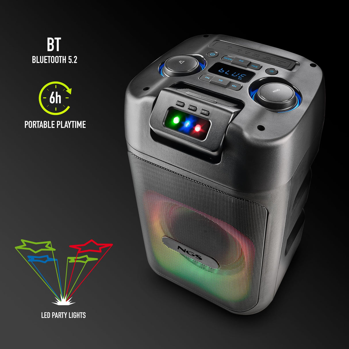 NGS Wild Club – Altavoz Portátil Bluetooth 5.2 con 80W de Potencia, TWS Luces Láser, Doble Entrada de Micrófono, Puerto USB/AUX/TF, Batería Recargable de 5400mAh, Karaoke Sonido, LED RGB.