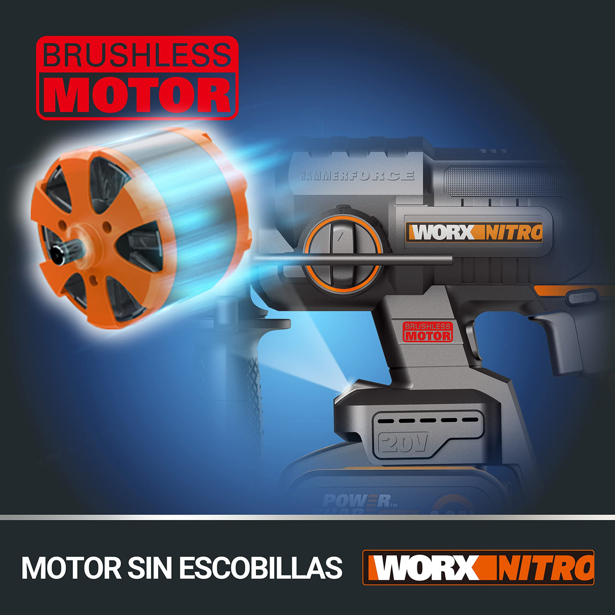 WORX Martillo ligero batería 20v Máx.| WX381 | Motor sin escobillas | SDS-Plus | Taladro, percutor y demolición | 2J de impacto | Batería 4Ah y maletín | Antivibración y alto rendimiento
