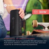 Motorola Sound - Altavoz Inalámbrico Bluetooth ROKR 600 - Potente Sonido de 30W, Resistente al Agua y Polvo, Función Broadcast para Conectar 20+ Altavoces, 6 Horas de Reproducción, Negro