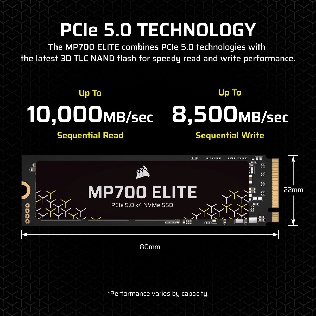 Corsair MP700 Elite 1TB PCIe 5.0 x4 NVMe M.2 SSD – hasta 10,000MB/sec – Alta Densidad 3D TLC NAND – M.2 2280 – Compatible con DirectStorage – Negro