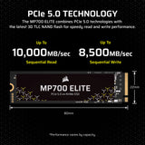 Corsair MP700 Elite 1TB PCIe 5.0 x4 NVMe M.2 SSD – hasta 10,000MB/sec – Alta Densidad 3D TLC NAND – M.2 2280 – Compatible con DirectStorage – Negro
