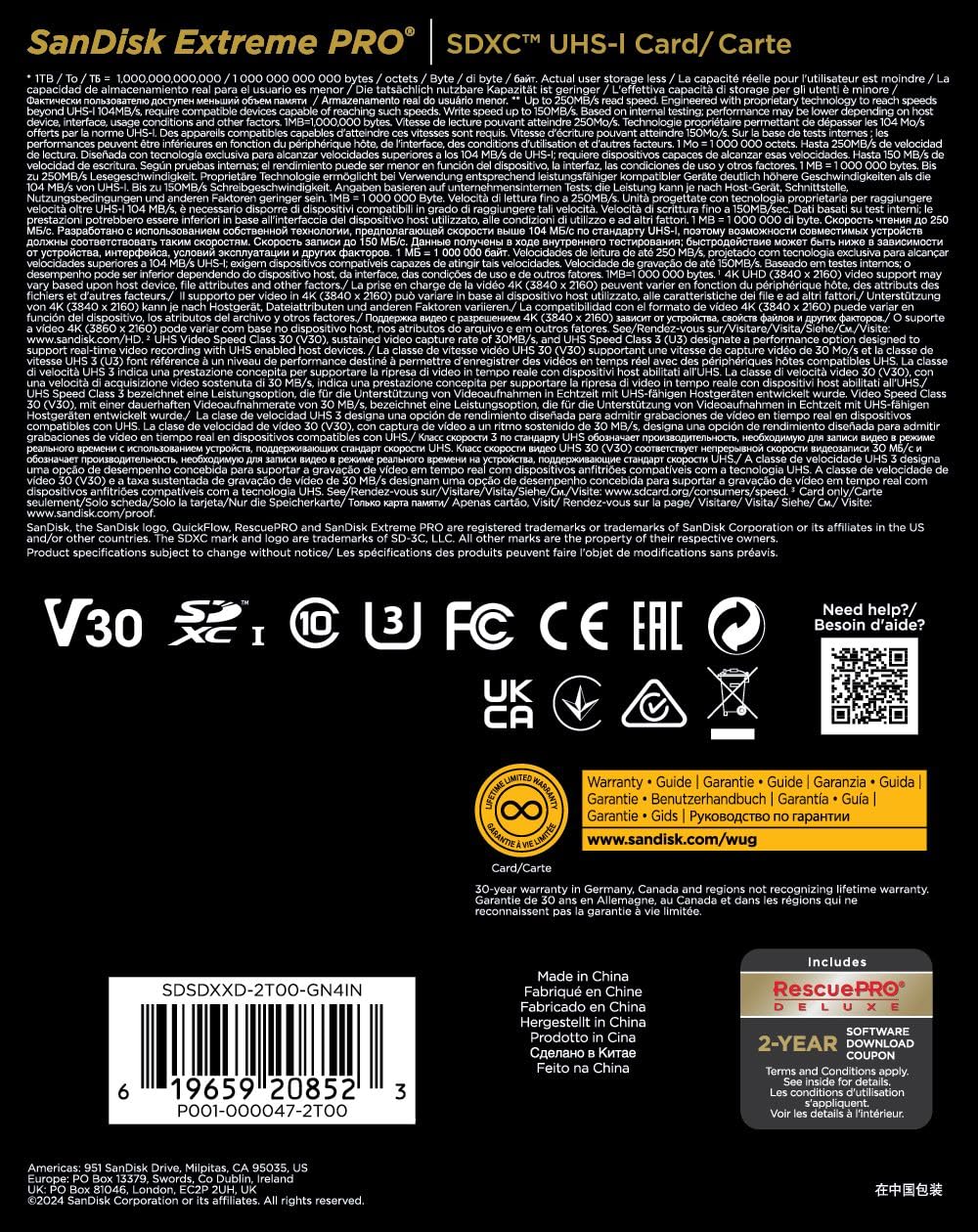 SanDisk 2TB Extreme Pro Tarjeta SD, SDXC, SD Card 4k UHD, UHS-I, V30, hasta 250 MB/s, SanDisk QuickFlow Technology, Software de recuperación de Datos RescuePRO Deluxe, Class 10, U3