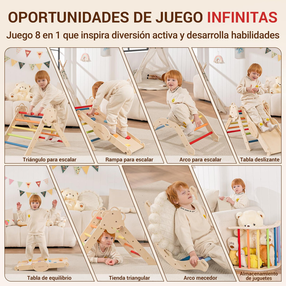 COSYLAND 8 en 1 Triángulo de Escalada Montessori con Arco y Rampa, Set Plegable Infantil, Juguete de Madera Resistente para Interior, Niños 18 Meses-6 años, Colores Arcoíris, Mediano