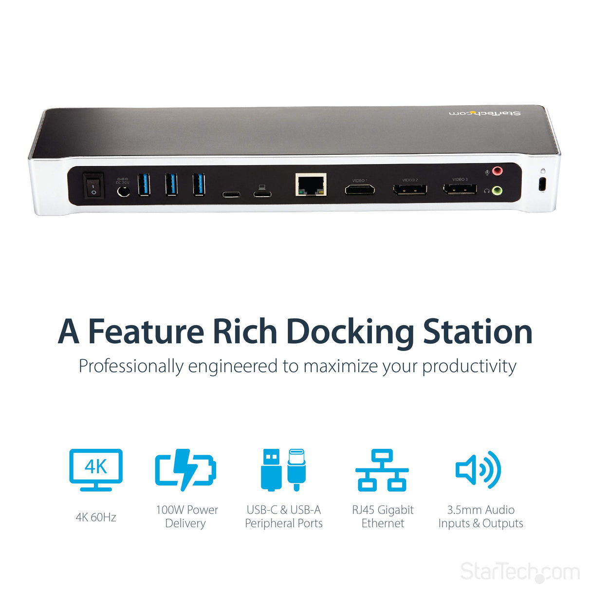 StarTech.com Dock USB-C para 3 Monitores 4K con 5 Puertos USB 3.2 5Gbps - HDMI y DisplayPort - PD 100W - Hub 5x USB 5Gbps