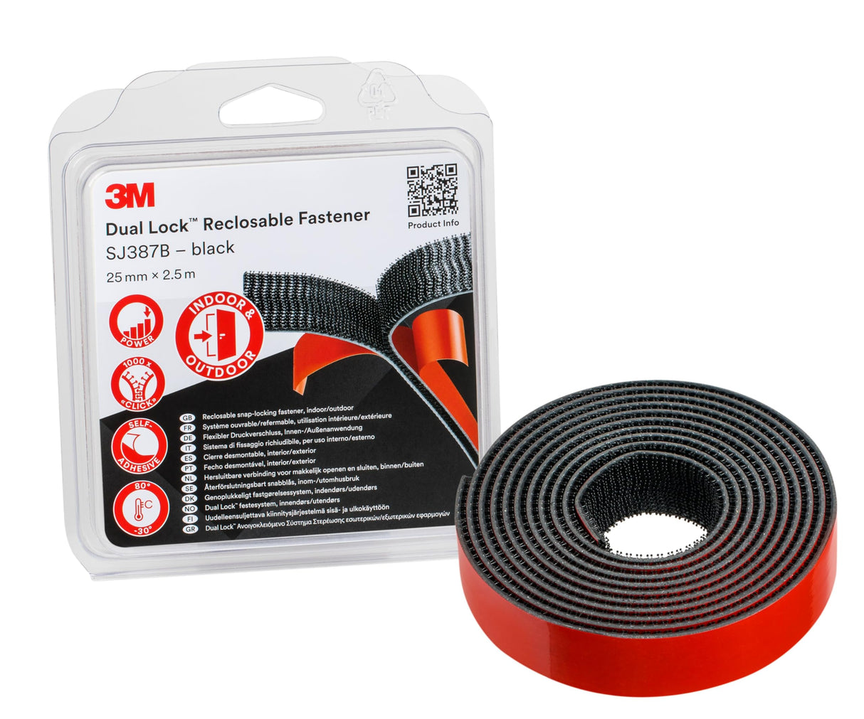 3M Dual Lock SJ387B, sistemas de cierre reposicionable, óptima adhesión a la mayoría de las pinturas en polvo, metales, vidrio, madera sellada, acrílico, ABS - 25mm x 2.5m, negro, 6.1mm (1 unidad)