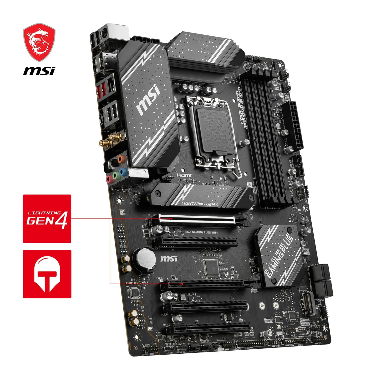 Msi B760 Gaming Plus Wi-Fi 6E - Placa Base ATX, LGA 1700, 12a y 13a Generación de Core, Memoria DDR5, Ranuras PCIe 4.0 x16 Dobles, Incluye un Módulo Intel con Bluetooth 5.3 y LAN a 2.5 Gbps