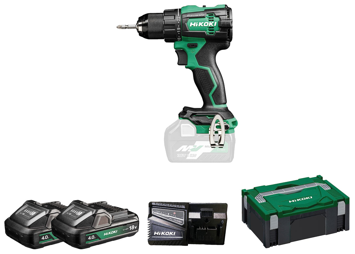 HiKOKI Akku Bohrschrauber DS18DE (18 V, 4,0 Ah Li-ion Akku, Festdrehmoment 70Nm, motor sin escobillas, control de fuerza reactivo, 22 Drehmoment-Einstellungen, LED, Zubehör, im Transportkoffer)