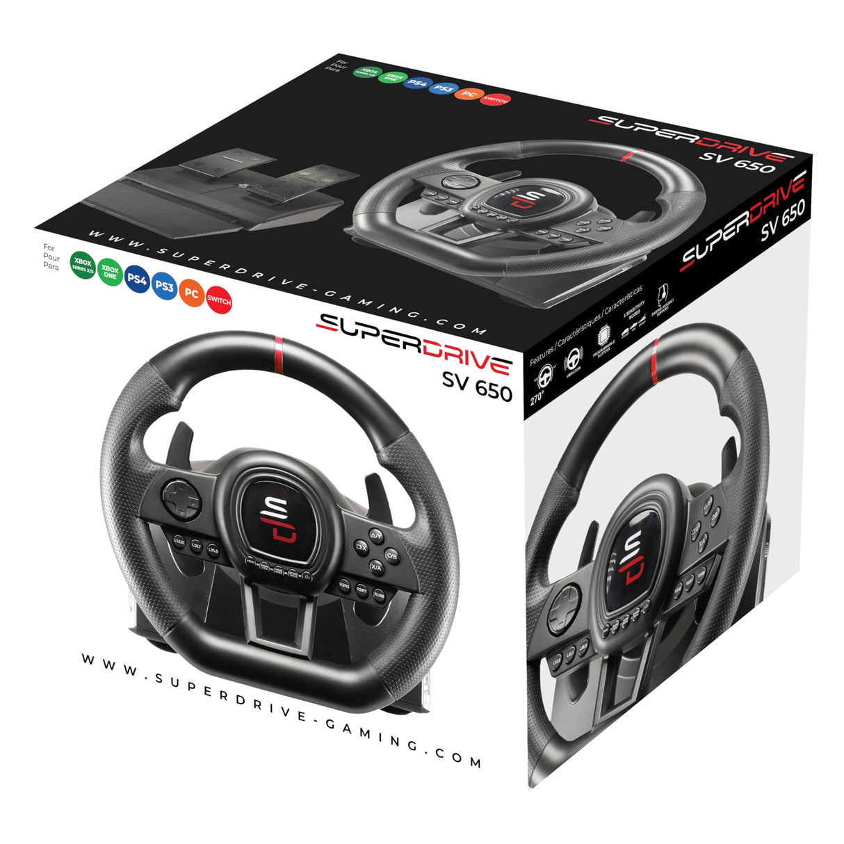 Superdrive - Volante de carreras SV650 con pedales, cambio y vibración - Xbox serie X/S, Switch, PS4, Xbox One, PC, PS3 (programable para todos los juegos)