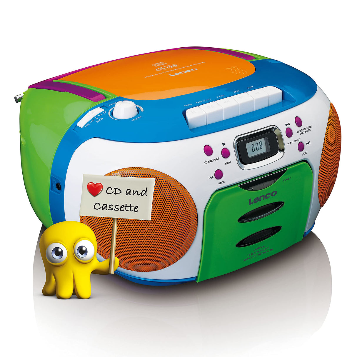 Lenco SCD-971 -Radio Infantil - Radio Casete con CD - Radio CD - Lector de Casete - Altavoces estéreo - Toma de Auriculares - Memoria de Pistas - Multicolor, Colorido