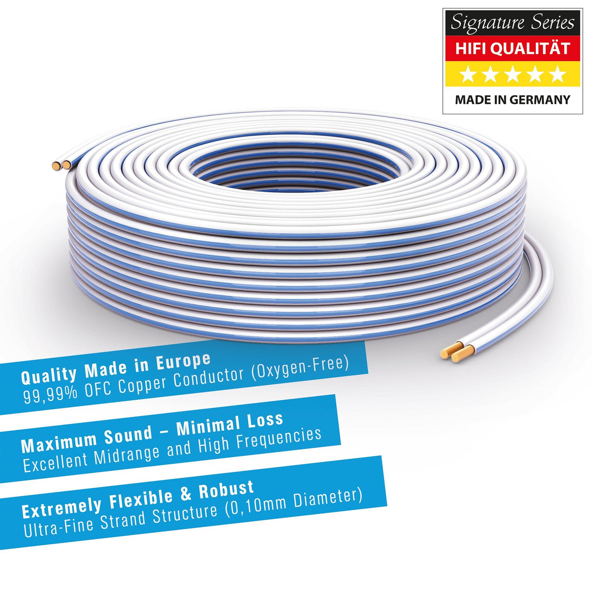 PureLink SP011-050 Cable de altavoz 2 x 2.5mm² (99.9% OFC cable de cobre sólido 0.10mm) Cable de altavoz de alta fidelidad, 50m, blanco