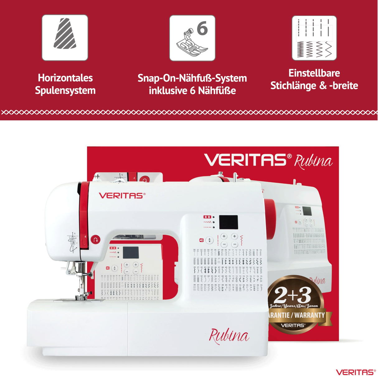 VERITAS Máquina de coser Rubina I Máquina de coser digital para ordenador, 100 programas de puntada, tensión de hilo automático y ayuda para enhebrar, cortahilos, longitud de puntada ajustable,