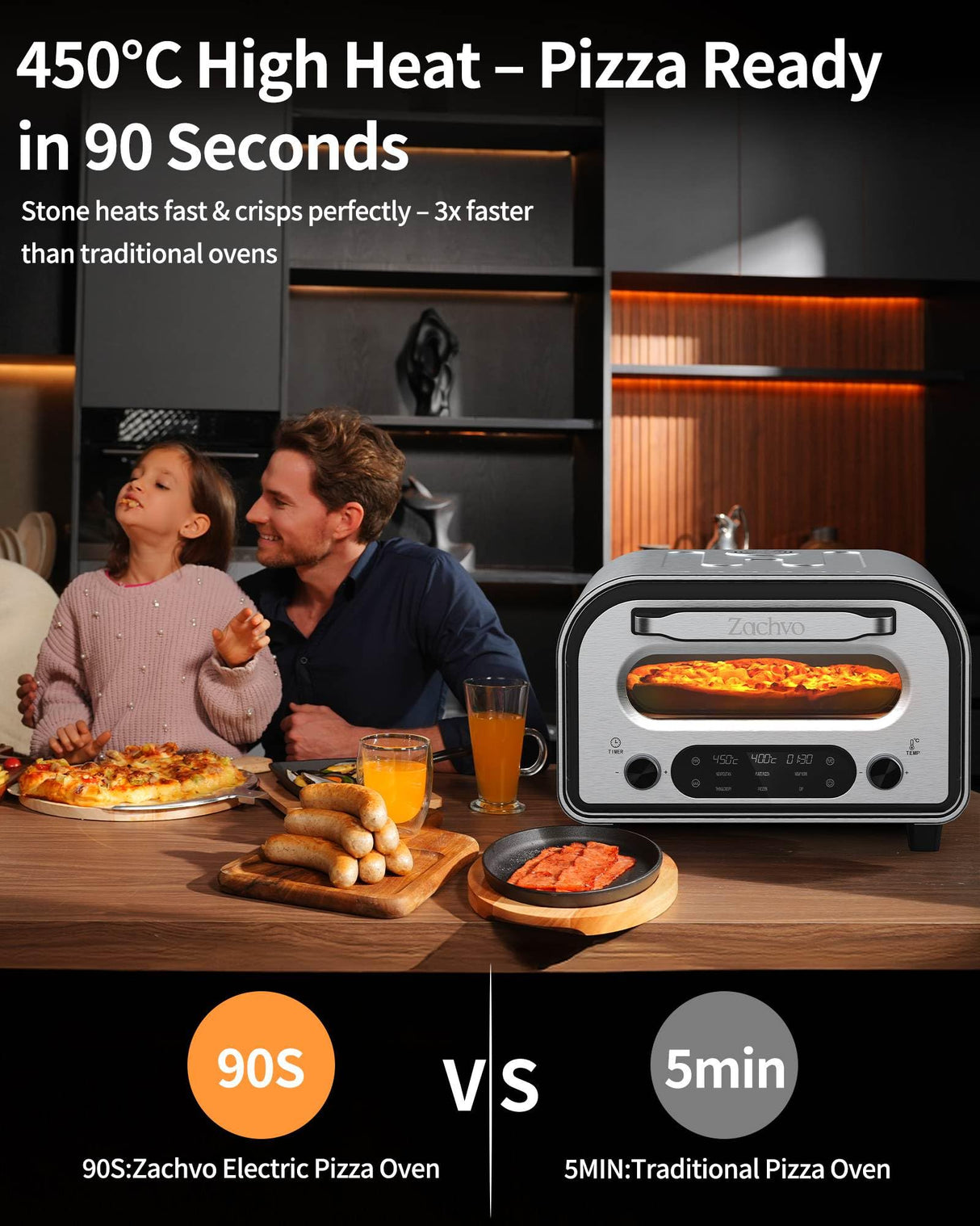 ZACHVO Elektrischer Pizzaofen - bis 450℃, 5 voreingestellte Pizzaarten, 1-60 Min Timer, Touchscreen & Drehregler, Edelstahlgehäuse, für 32cm Pizza, inkl. Pizzastein, Pizzaschieber, Rezeptbuch, Schwarz