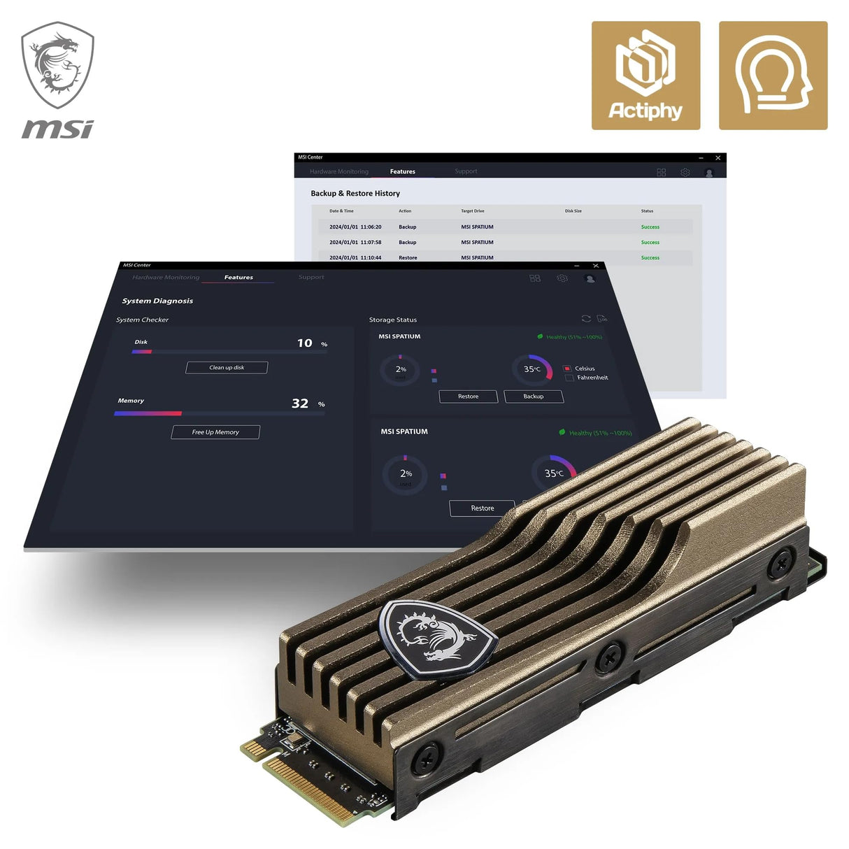 MSI SPATIUM M570 SSD 1TO con Heatsink - Unidad SSD Interna PCIe 5.0 NVMe M.2, Lectura 9500 MB/s, Escritura 8500 MB/s, 3D NAND, Seguridad de Datos integrada, Center - Garantía de 5 años (700 TBW)
