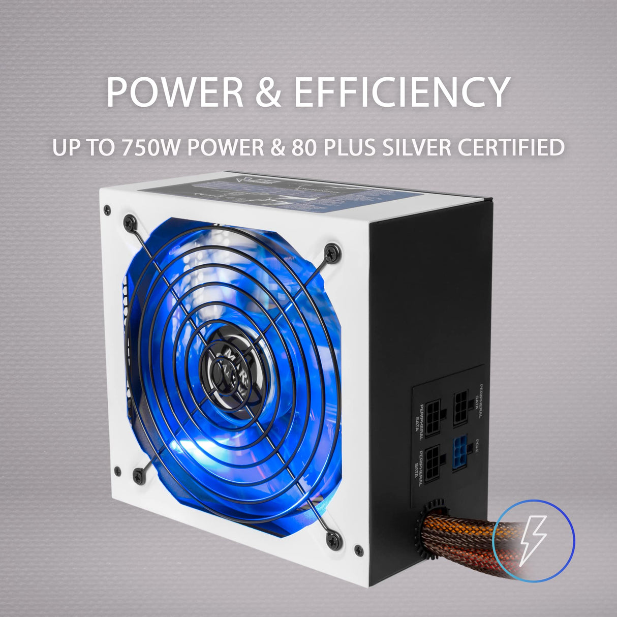 MARSGAMING MPZE750 - Fuente de alimentación gaming para PC (750 W, 80 plus silver, PFC activo, modular, 10 sistemas de protección, iluminación LED, ventilador 14 cm), color blanco