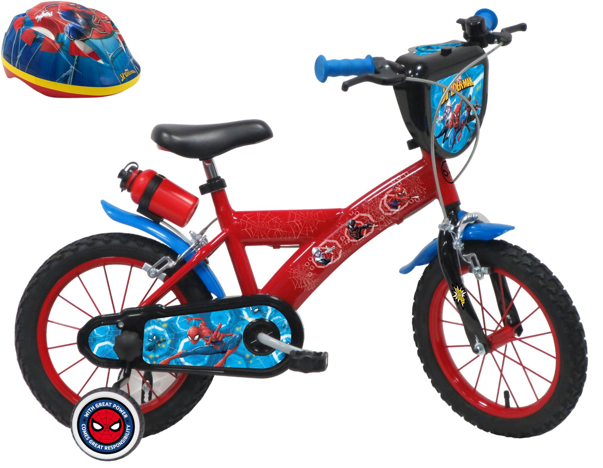 A.T.L.A.S. Bicicleta Infantil de 14 Pulgadas, Spiderman/Marvel Equipada con 2 Frenos, Placa Frontal Decorativa, Botella Trasera y Casco Spiderman Incluido!, Color Rojo idéntico a Las Fotos