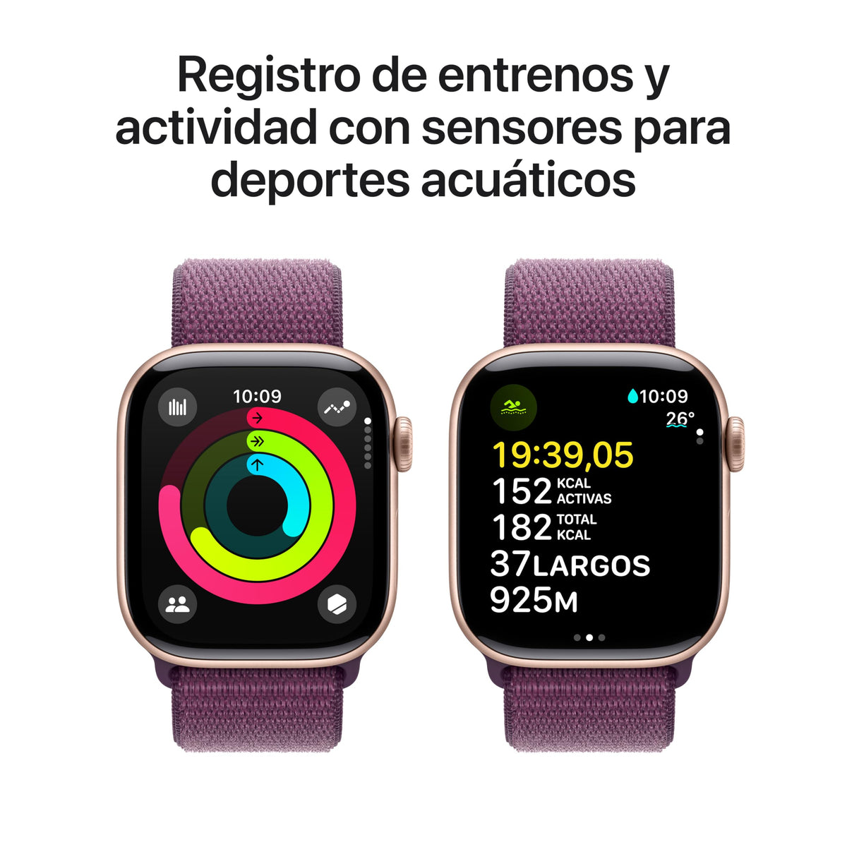 Apple Watch Series 10 GPS + Cellular Smartwatch con Caja de Aluminio Oro Rosa de 42 mm y Correa Loop Deportiva Ciruela - Talla única. Monitor de entreno, App ECG y Neutro en Carbono