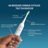 Haepi Julia - Cepillo de dientes eléctrico sónico 3 en 1 | Cepillado + Jet interdental + Descalcificación | 48.000 vibraciones/min | Recargable USB | Para encías sensibles y portadores de aparatos