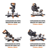 Evolution Power Tools - R210SMS-300+ Ingletadora deslizante multimaterial de 210 mm (230 V), con paquete plus, Corta acero dulce, aluminio, plástico, madera con clavos incrustados