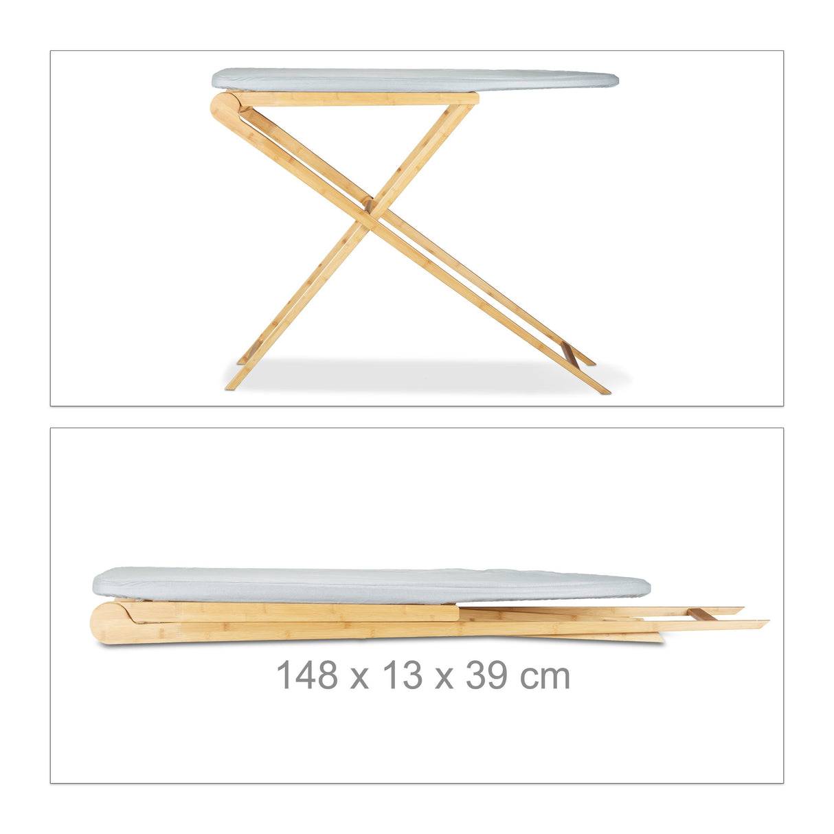 Relaxdays Tabla de Planchar Plegable Grande, Bambú, Gris, 39x124x95 cm