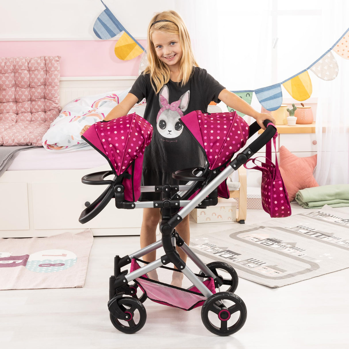 Bayer Design 26267AA Cochecito de Muñeca Gemelas, Carrito Paseo para muñecos, Ajustable en Altura, Plegable, con la Bolsa de Bandolera, Compatible con Silla de Coche EasyGo