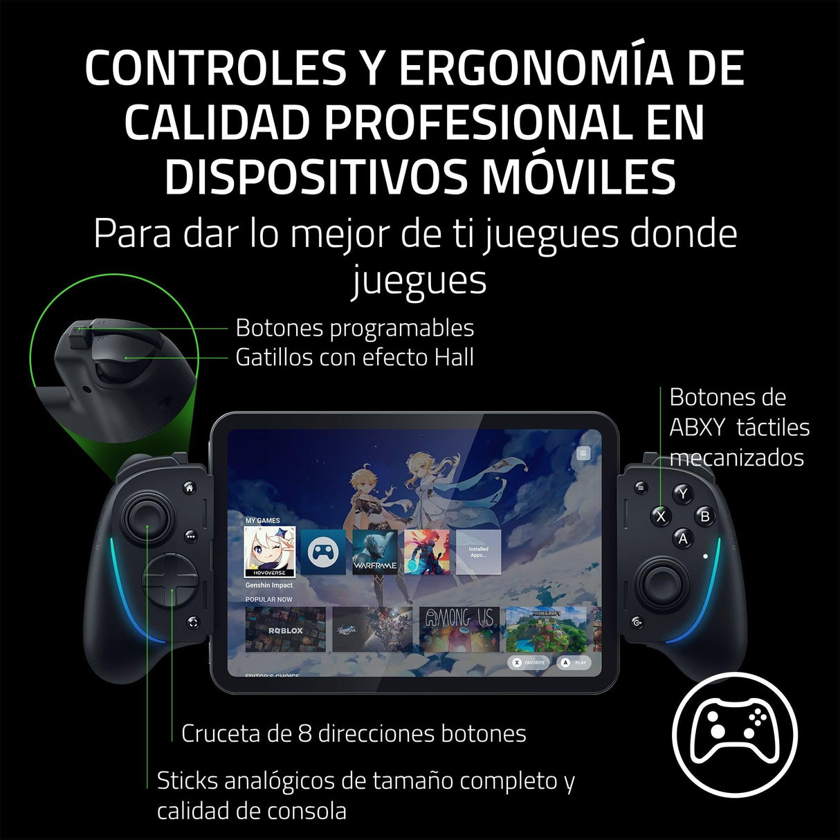 Razer Kishi Ultra - Mando para Juegos USB-C para iPhone y Smartphones Android y iPad Mini (Sensa HD Haptics, Chroma RGB, Carga Passthrough, Botones Mecha-Táctiles y D-Pad, Juegos móviles) Negro