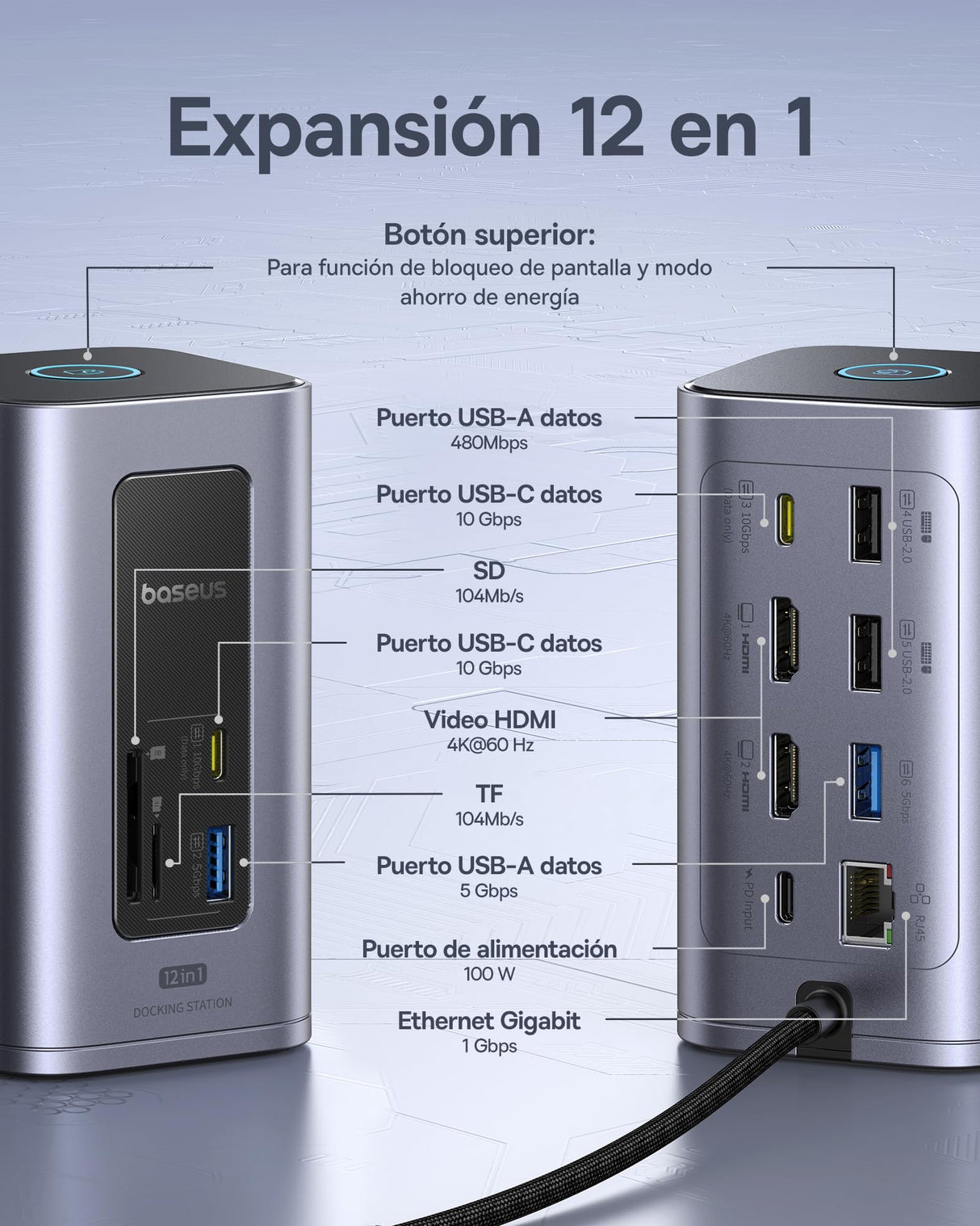 Baseus Docking Station, Nomos Air 12 in 1, Estación de Acoplamiento 2 Monitores con 2 * 4K HDMI, USB-A/C 10Gbps, Ethernet 1 Gbps, 100W PD, HUB USB C para Laptop DELL/HP/Lenovo/ASUS/Acer/Mac
