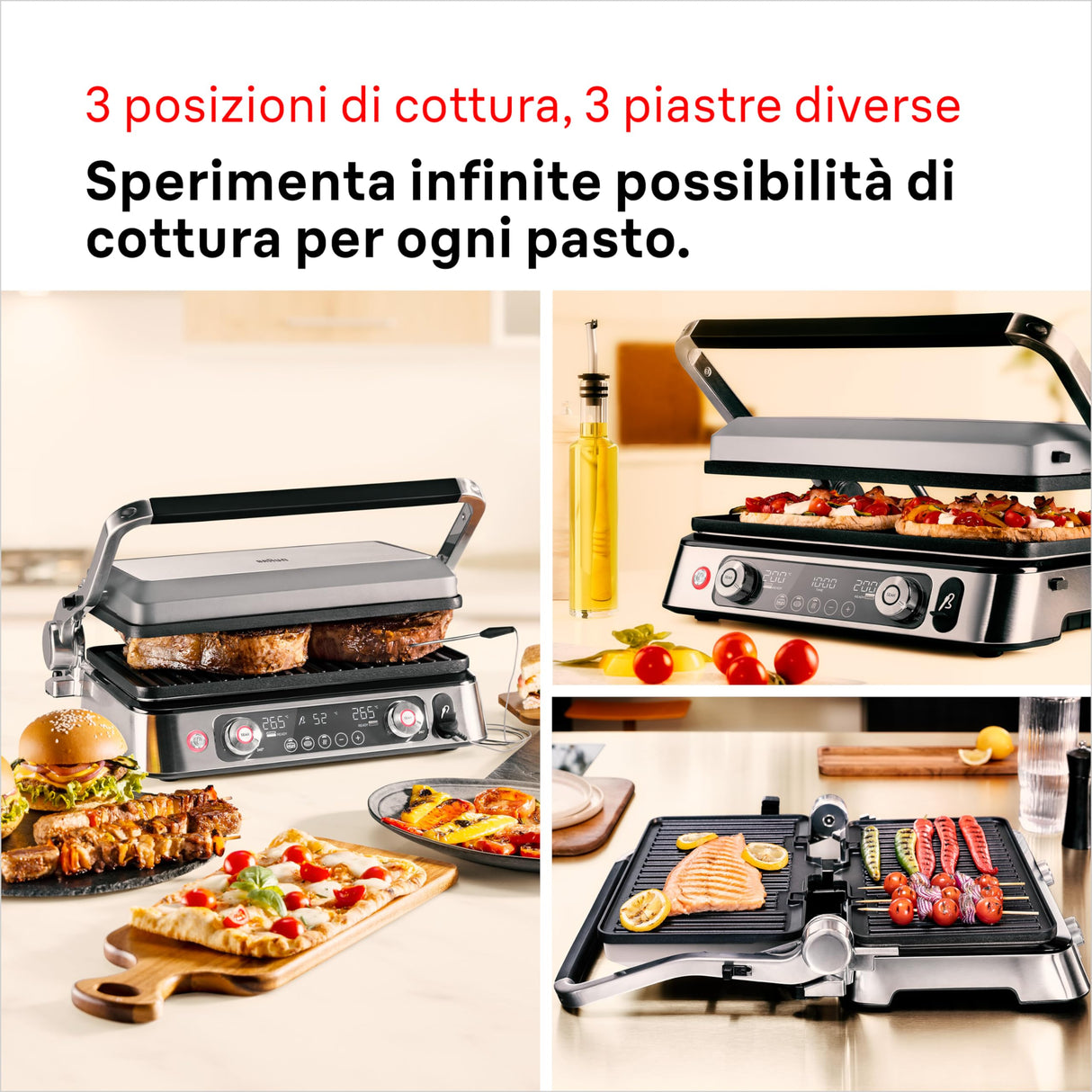 Braun MultiGrill 9 Pro CG 9160, Plancha Eléctrica con 2 Termostatos Independientes, 3 Posiciones de Cocinado, Placas Lavables en Lavavajillas, Sonda Térmica Integrada, 2200 W, Negro/Acero Inoxidable