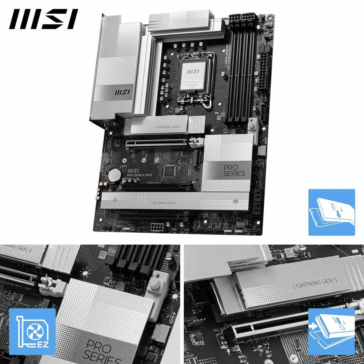 MSI PRO Z890-A WIFI Placa base, ATX - Soporta procesadores Intel Core Ultra (Serie 2), LGA 1851 - 90A SPS VRM, DDR5 Memory Boost (9200+ MT/s OC), PCIe 5.0 x16 & 4.0 x16, M.2 Gen5, Wi-Fi 7, 5G LAN