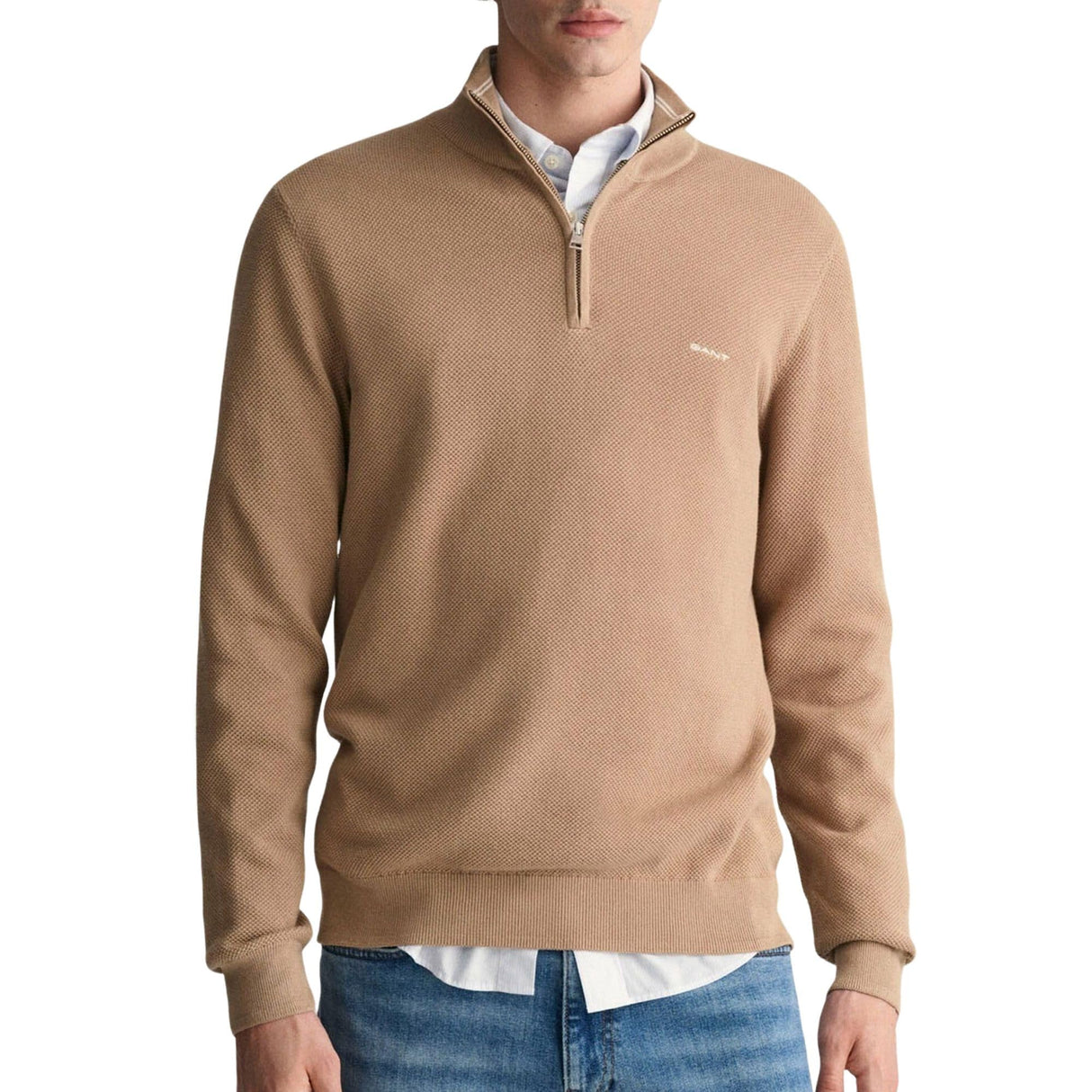 GANT Algodón Pique Media Cremallera Suéter, Caqui Oscuro, XL para Hombre