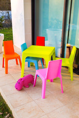 Resol Set Julieta Mesa Infantil y Sillas Mesa y Silla para Niños Muebles Infantiles Mesa Exterior Mesa Exterior jardín - 1 Mesa Lima + 4 Sillas Roja/Rosa/Azul/Naranja