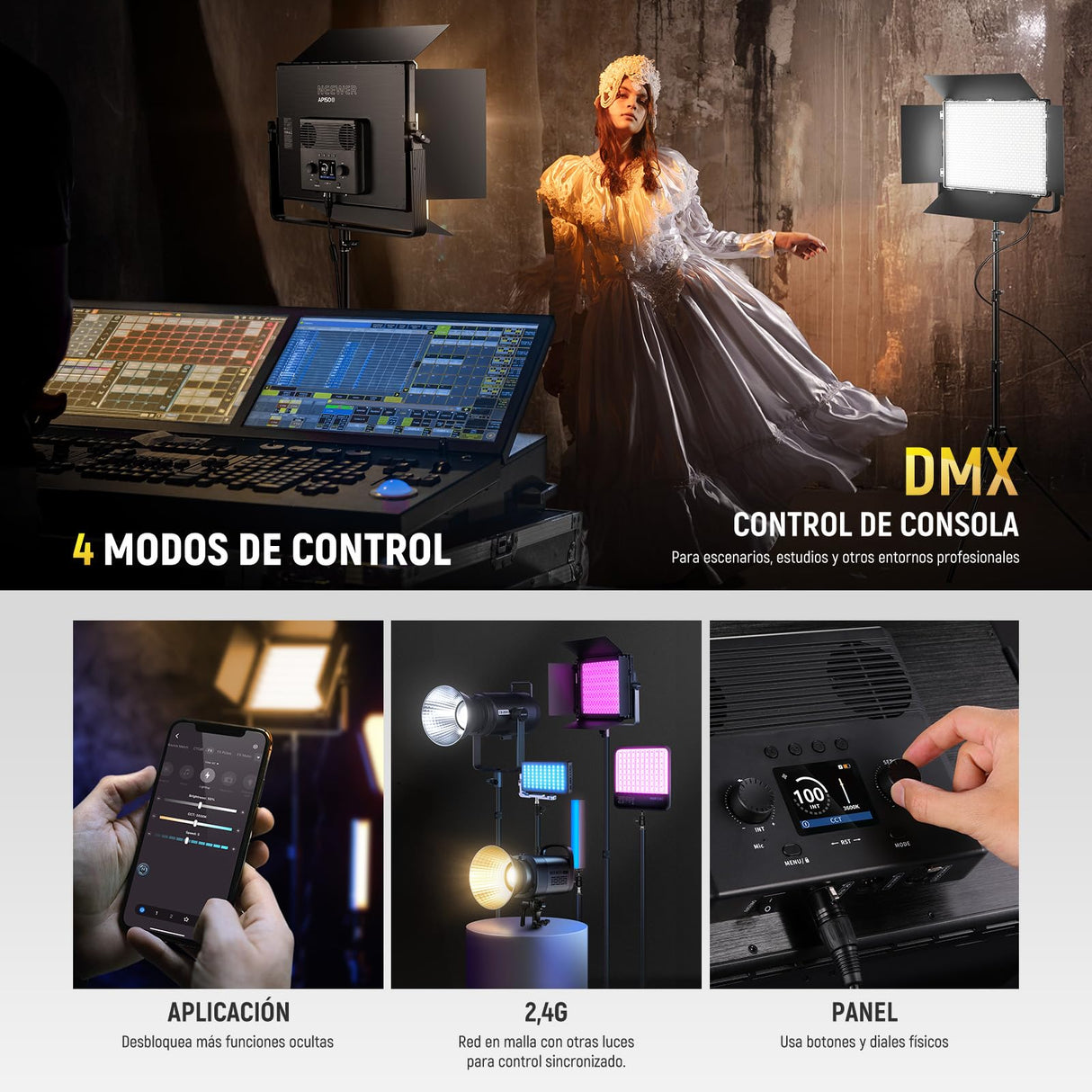NEEWER 150W Bicolor LED Panel Luz Video Kit, 1440 Leds 49500Lux@0.5m 2500K-8500K CRI96+/TLCI97+ 0-100% Atenuación App/2.4G/Panel/Control DMX para Pro Estudio Foto Grabación Iluminación, AP150B