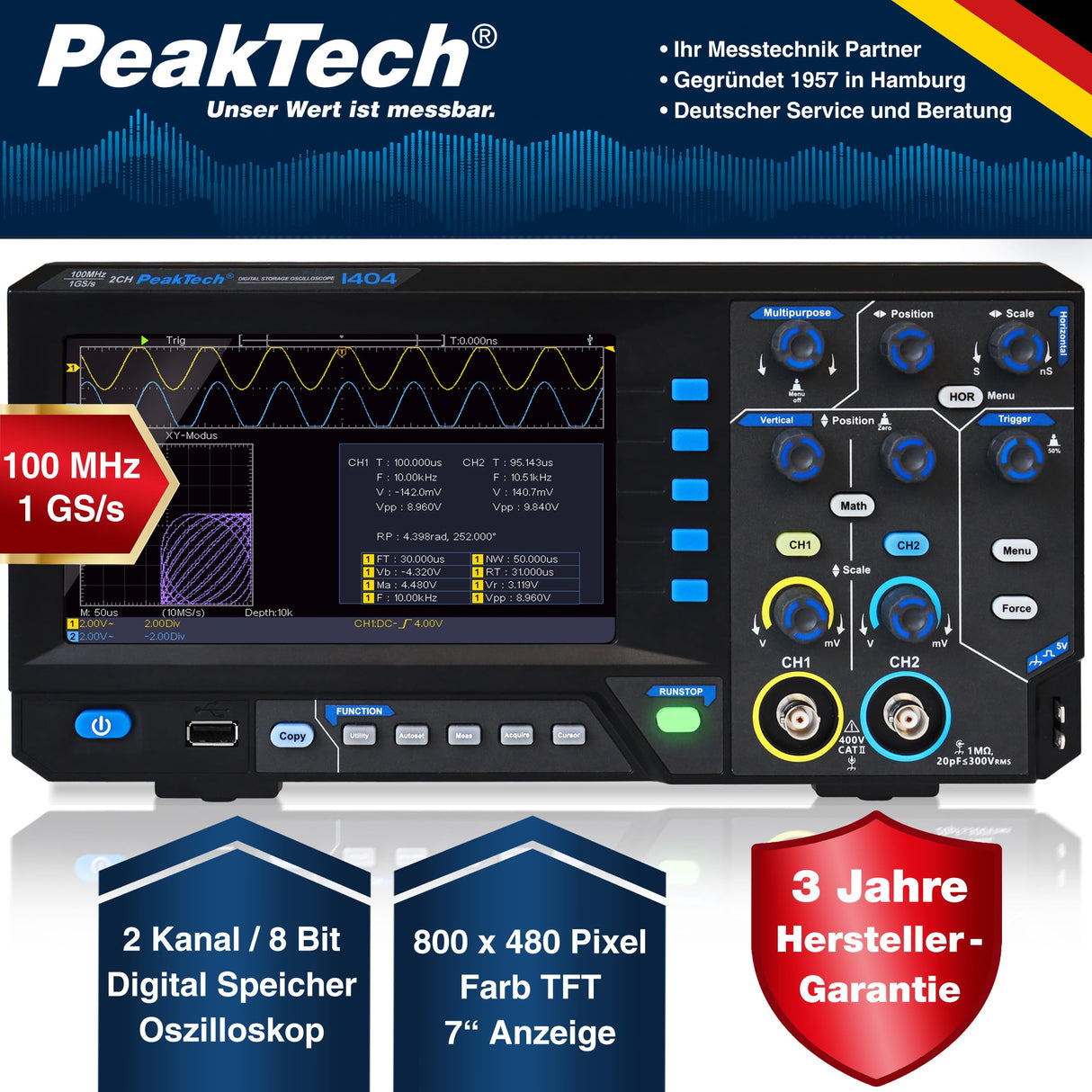 PeakTech 1404 Osciloscopio Digital de 2 Canales con Interfaz USB - 100 MHz, 1GS/s, Software para PC, Negro [3 Años de Garantía]