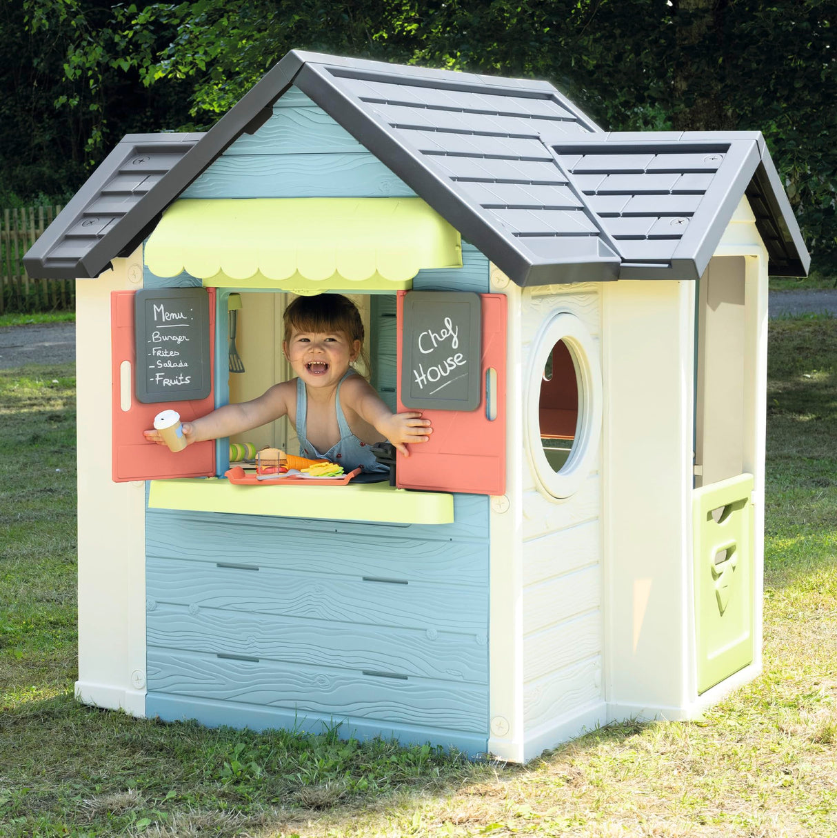 Smoby Life Chef House - Casa Restaurante de Juguete y Cocina para Niños, 48 Accesorios, Caja Registradora, Cocina, Juguete Educativo, protección Anti-UV, Material Reciclado, +2 Años (7600810407)
