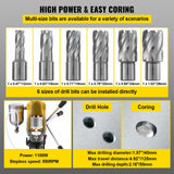 RICHRICH Taladro magnético 1100 W, diámetro de aleta de 1-1/2 pulgadas (40 mm), taladro de columna magnética MD40, 12000 N, 670 rpm, con 6 fresas anulares HSS, sistema de perforación, construcción