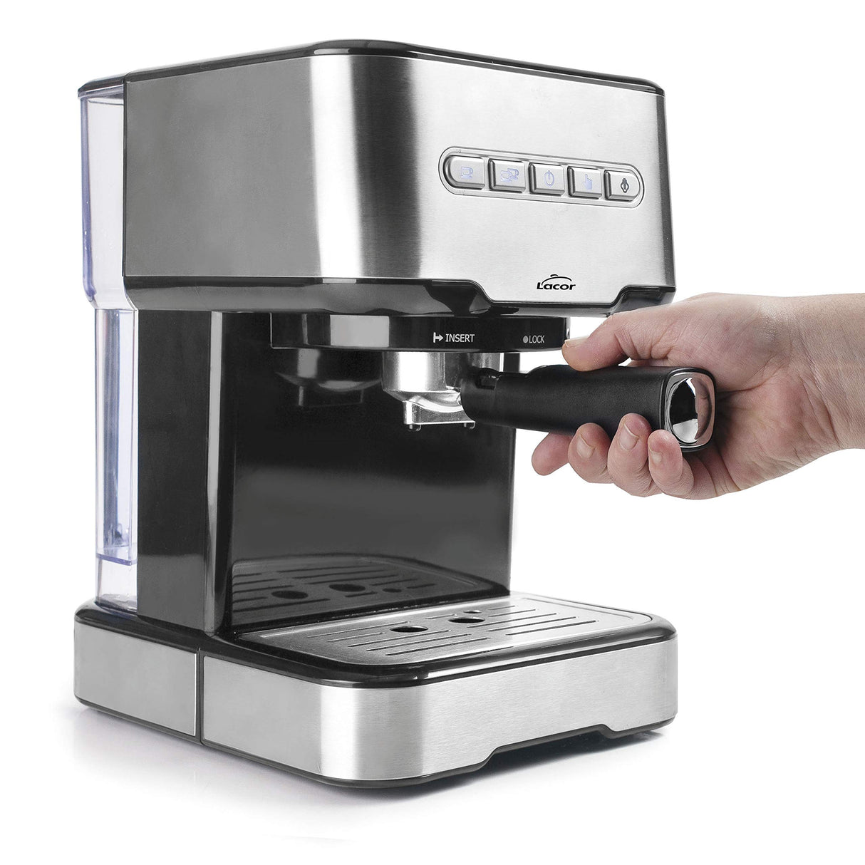 Lacor 69256 - Cafetera espresso con 2 salidas de café y función de calentar/espumar la leche, apta para café molido y cápsulas ESE, 21x26'5x30 cm