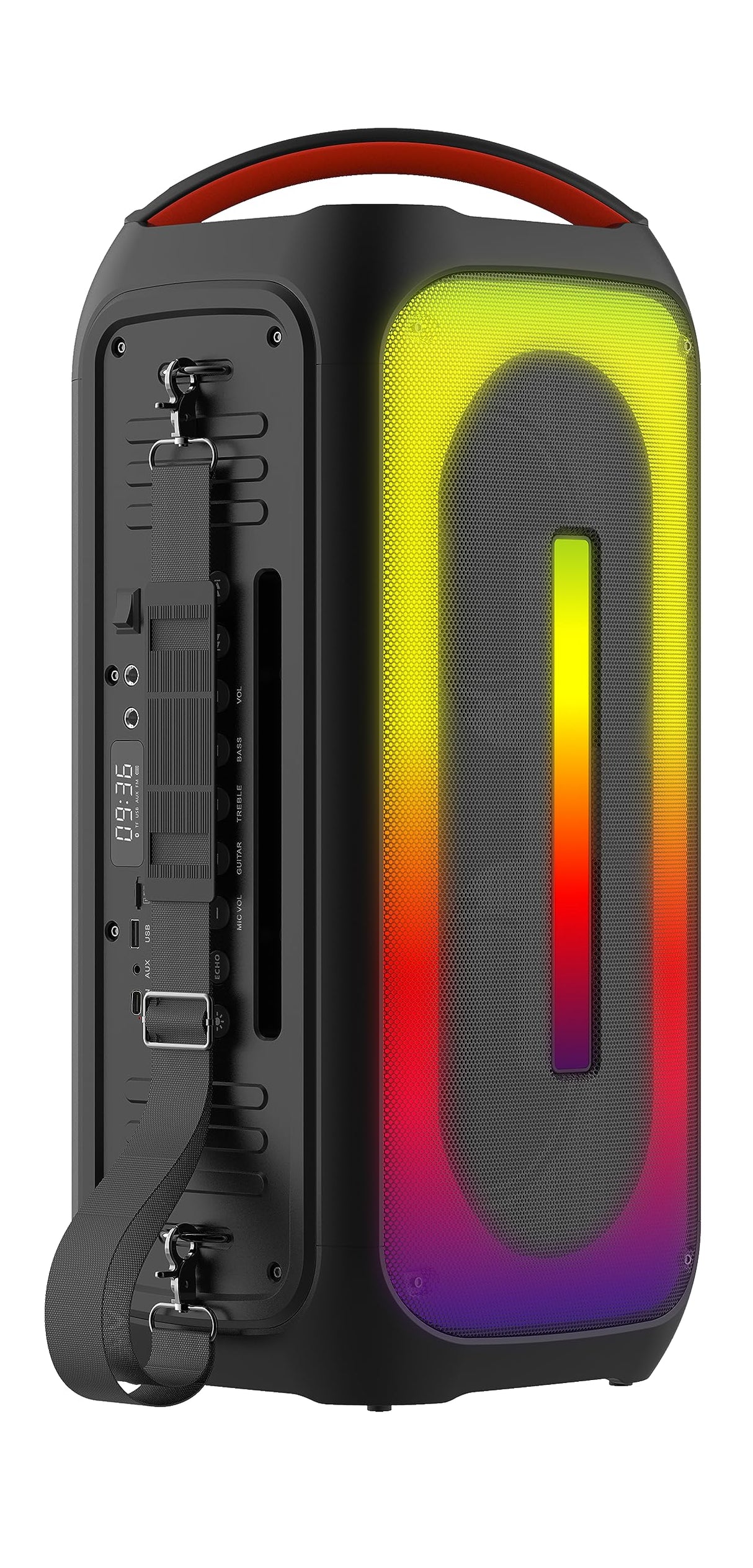Majestic Flame 66 Pro – Altavoz de Fiesta Bluetooth, Luces LED, entradas USB/Micro SD/AUX/Mic/Guitar, micrófono, Mando a Distancia, TWS, batería Recargable, asa y Correa de Transporte