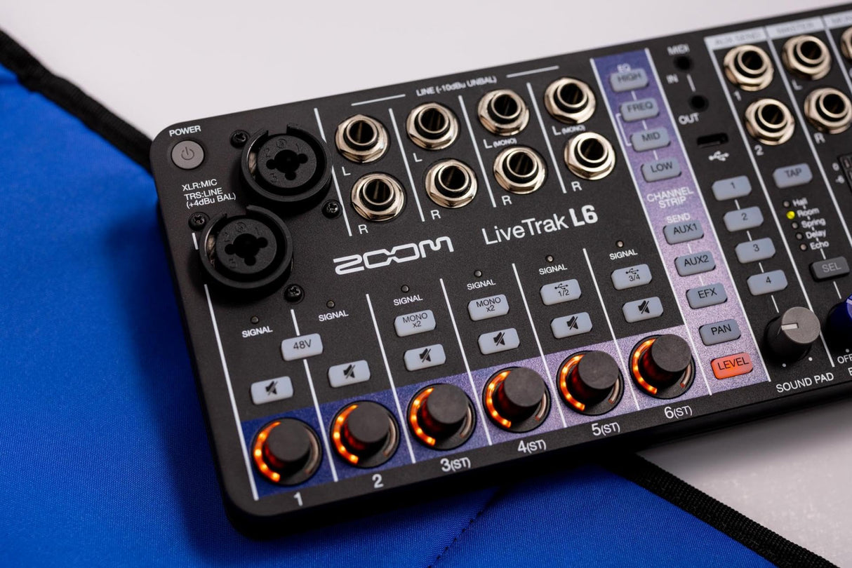 Zoom L6 - Grabador y mezclador de audio digital de 6 canales, 2 entradas combo + 4 estéreo, ecualizador de 3 bandas, 1 salida maestra - Adaptador de red AD-17 integrado y cable USB