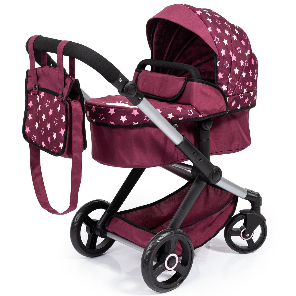 Bayer Design 17023AA Cochecito de muñeca Combi Xeo, Carrito para muñecas, Altura Regulable, Convertible en Sillita Paseo, Bolsa