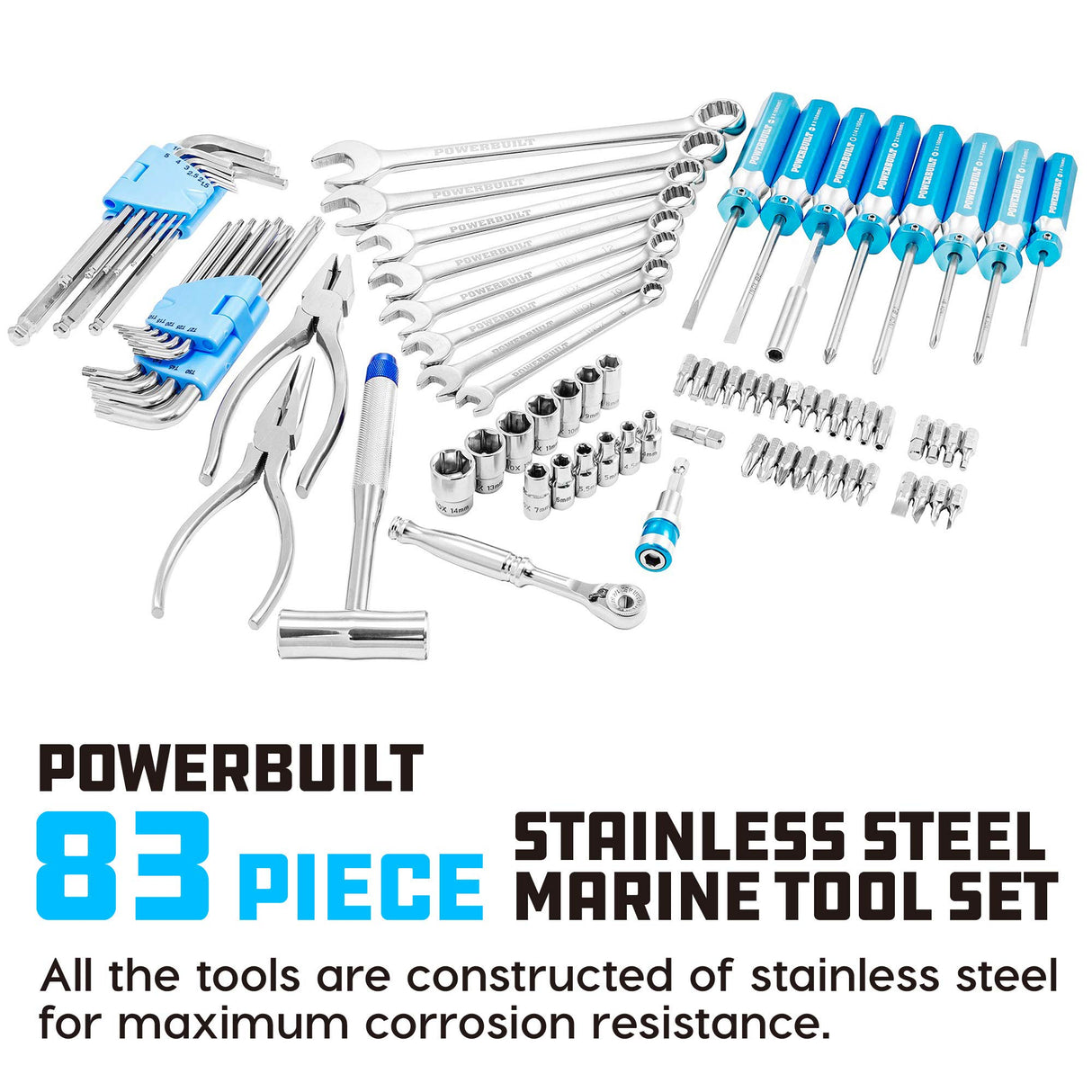 Powerbuilt Juego de herramientas de reparación de barcos marinos de acero inoxidable 420J2, conductores, alicates, llaves, mazo, destornillador/brocas, enchufes, caja hermética resistente a los golpes