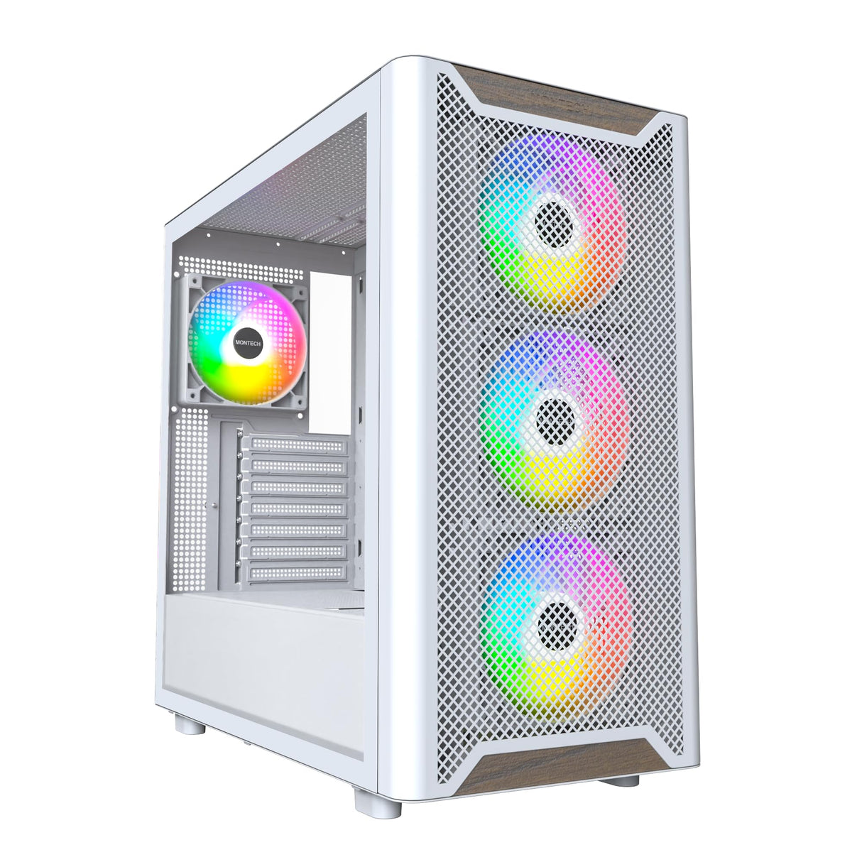 MONTECH XR Wood,Genuine Black Walnut Front, ATX Mid-Tower PC Gaming Case, Glass Side Panel, 4 x 120mm GF120 ARGB PWM Fans Pre-Installed, White