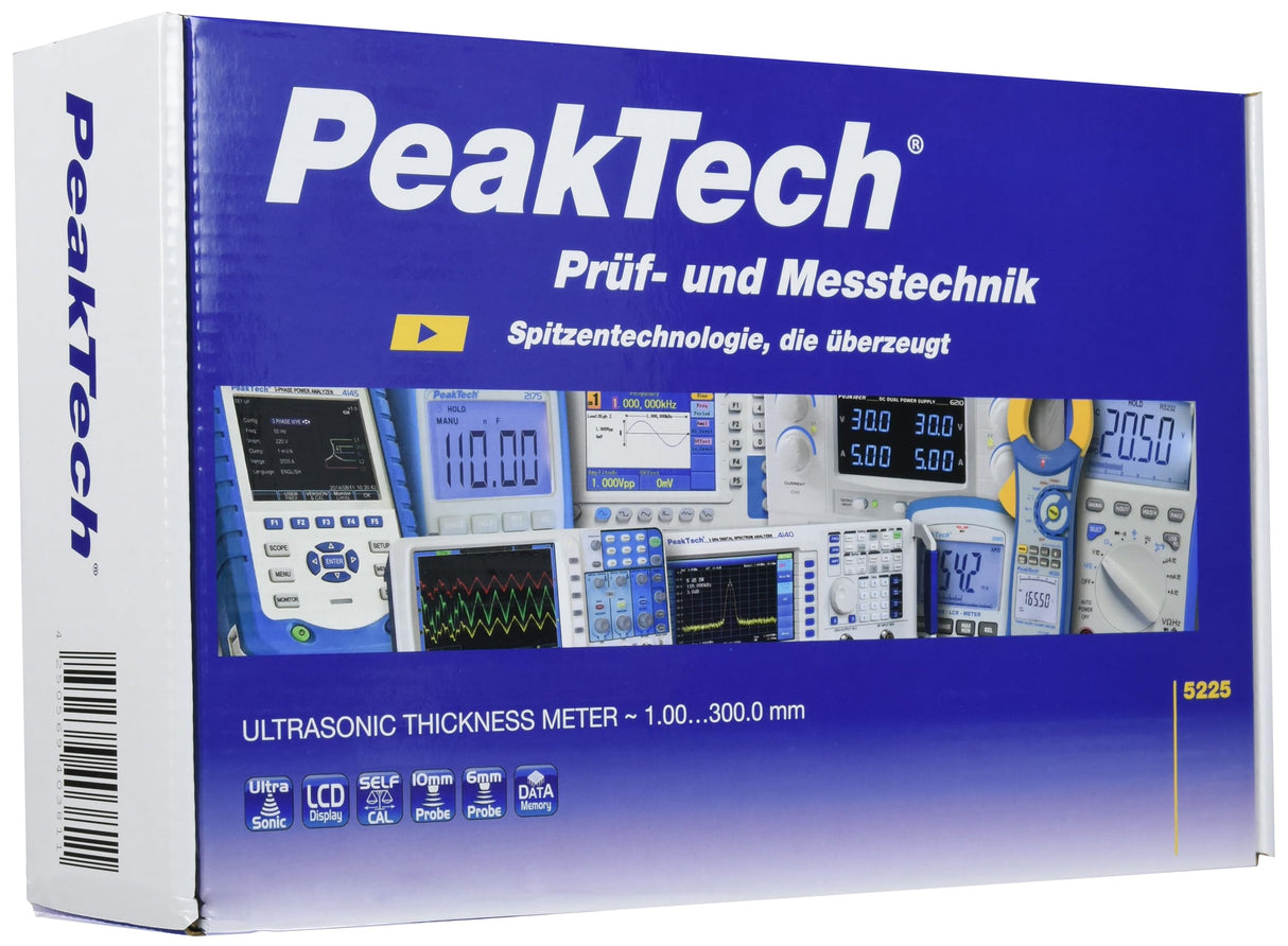 PeakTech, P 5225 Medidor de espesores por ultrasonidos para la medición precisa de espesores de material de 1,00 mm a 300,0 mm, Medidor de espesores de material con resolución de 1,00 mm a 300,0 mm