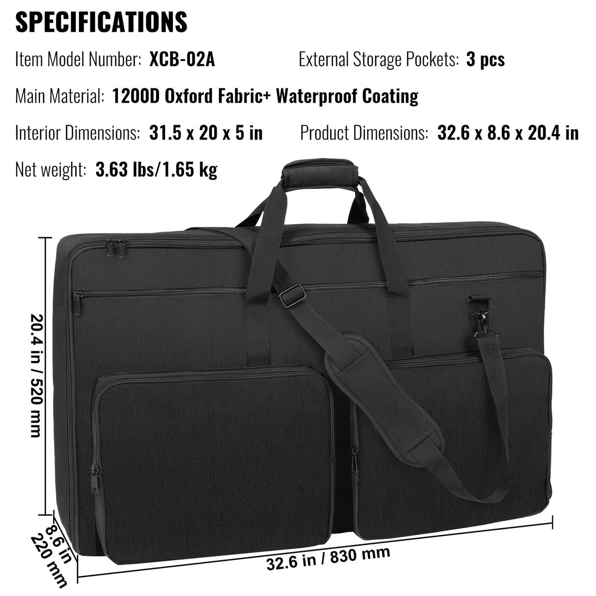 VEVOR Bolsa Acolchada para Mezclador de DJ, Tela Oxford 1200D, Bolsa de Transporte para Equipo de DJ con Bolsillo de Almacenamiento, Correa de Hombro Extraíble, 830 x 220 x 520 mm de Dimensiones