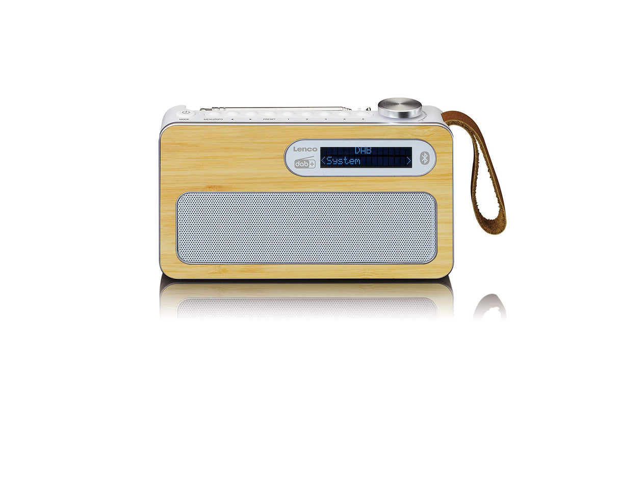 Lenco PDR-040 – Radio portátil DBA+ – Radio FM – con Bluetooth – Batería integrada con 2000 mAh – 3 W RMS – Reloj y Despertador – De bambú auténtico – Blanco